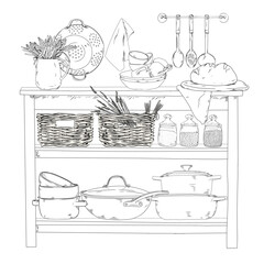 Black and white hand-drawn illustration of a rustic kitchen shelf with baskets, dishes, glass jars, a loaf of bread, cooking utensils and a bouquet of lavender.