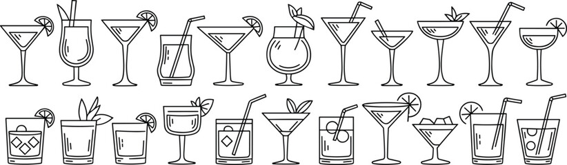 Assorted Cocktail and Drink Icons with Straws, Garnishes, and Ice Cubes, Vector Illustration