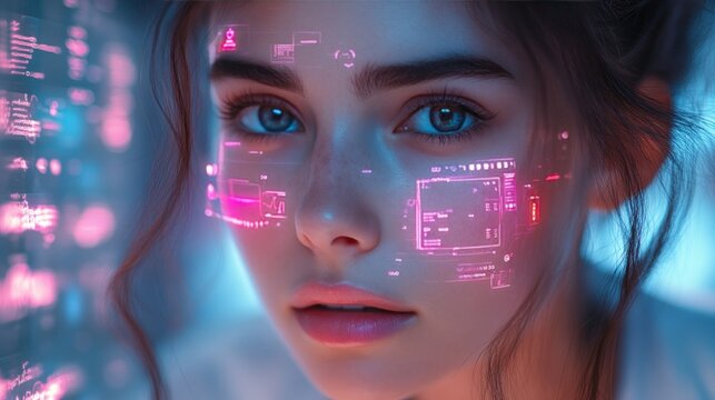 Futuristic woman with glowing face overlays - Powered by Adobe