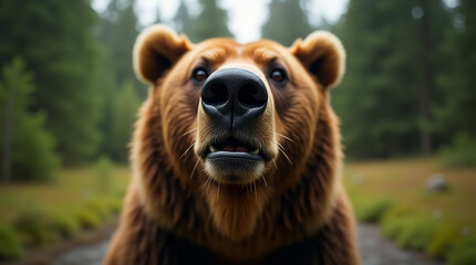 Obraz premium Ultra-Detailed Close-Up of Brown Bear’s Wet Snout with Cinematic Forest Background