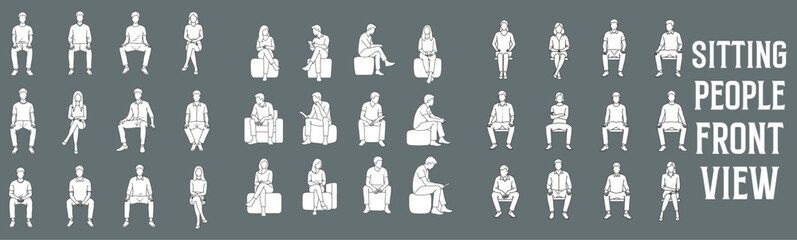 Front View Sitting People Vector Illustration. Hand Drawn Men and Women Seated in Various Poses and Outfits for Architectural Plans, Urban Design, and Interior or Public Space Layouts