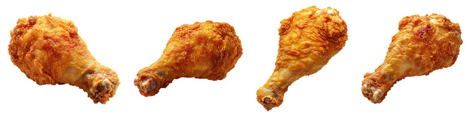 Collection of crispy fried chicken legs, isolated on a transparent background