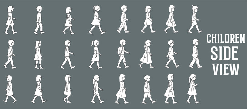 Side View Children Vector Illustration. Hand Drawn Boys and Girls in Various Poses Walking, Standing, and Playing for Architectural Drawings, Educational Layouts, and Urban Design Projects
 - Powered by Adobe