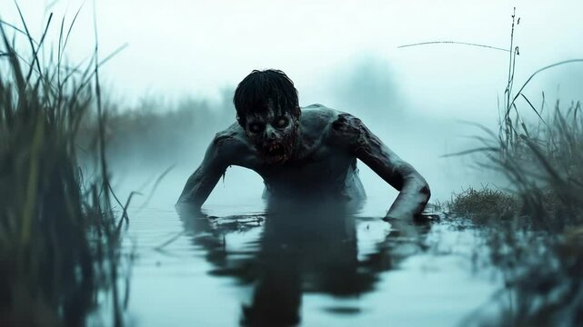 Emerging from the depths of a murky swamp, a decaying zombie slowly crawls toward the shore, bringing a sense of dread and horror to a post apocalyptic scene