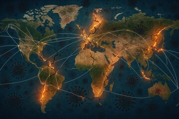 World map with cracks and glowing connections showing vulnerability to supply chain attacks