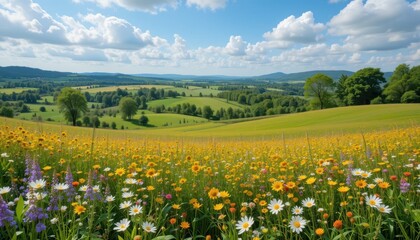 meadow with flowers and mountain summer  background 