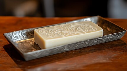 Elegant soap bar with detailed floral design on a vintage silver soap dish