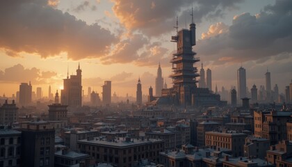 fururistic  modern city sunset over the city