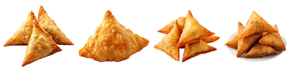 Collection of crispy fried samosas, isolated on a transparent background