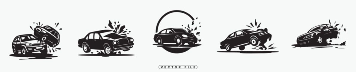 Black and White Vector Illustration of Car Accidents and Vehicle Damage