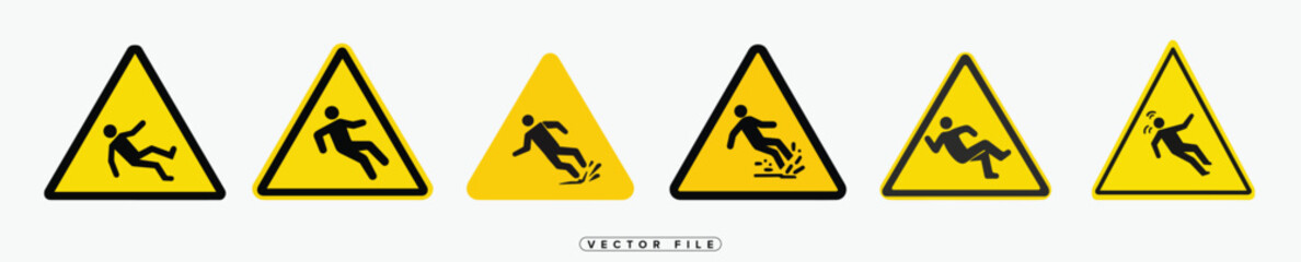 Set of Slippery Surface Warning Signs in Yellow Triangle Shape