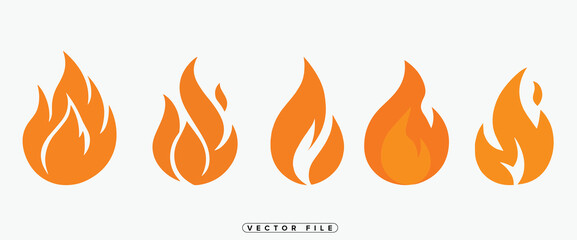 Set of Five Orange Fire Flame Icons on White Background