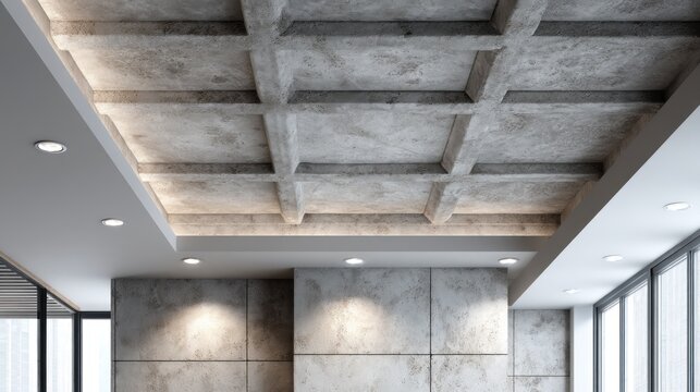 Modern interior with patterned concrete ceiling and recessed lighting design