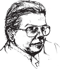 monochrome sketch of a man wearing glasses, looking to the side with a serious expression, rendered in a textured style