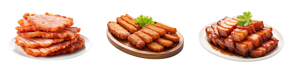 Collection of crispy pork, isolated on a transparent background