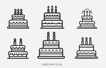 Collection of Birthday Cake Icons with Candles in Outline Style