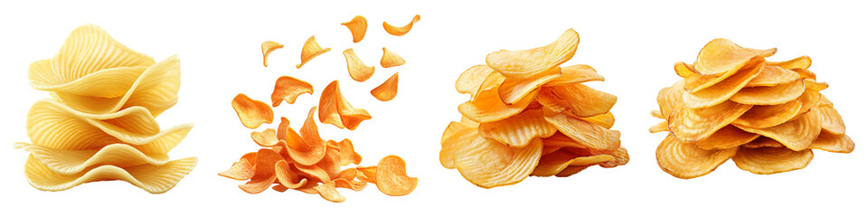 Collection of crispy potato chips, isolated on a transparent background