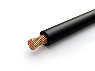 Cross-section of black electric cable with visible copper strands inside. Generative AI
