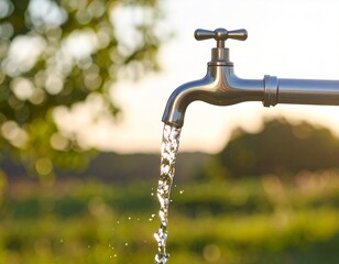 Close-up of water streaming in an arc in rural indian village,  from faucet mouth into empty space