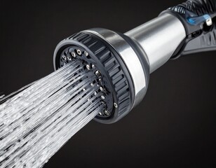 High-pressure water stream from garden hose nozzle, black background