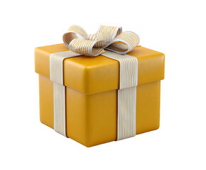 A golden yellow gift box with a striped white and gold ribbon and bow on a black background square isolated white background