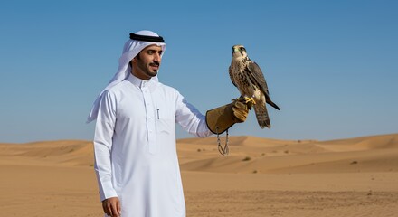 Falconer in the Arabian Desert: A majestic falcon perched on a gloved hand against the backdrop of rolling sand dunes under a clear blue sky.