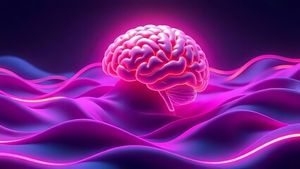 A Glowing Brain Surrounded by Smooth Waves and Neon Lines, Representing Deep Focus and Creativity, Digital Art, Suitable for Tech or Productivity Visuals