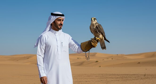 Falconer in the Arabian Desert: A majestic falcon perched on a gloved hand against the backdrop of rolling sand dunes under a clear blue sky. - Powered by Adobe