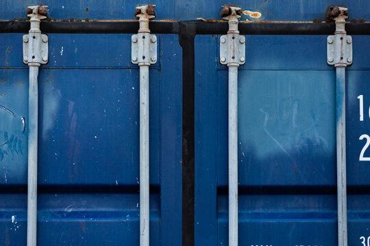Blue shipping container for storage close up