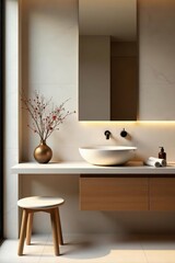 Sleek minimalist bathroom Wooden sink, stool Beige, brown tones , neutral tones, minimalist bathroom, stylish