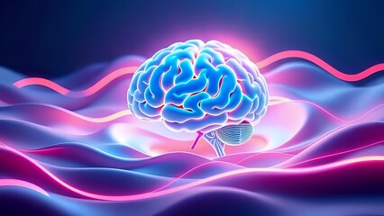 A Glowing Brain Surrounded by Smooth Waves and Neon Lines, Representing Deep Focus and Creativity, Digital Art, Suitable for Tech or Productivity Visuals