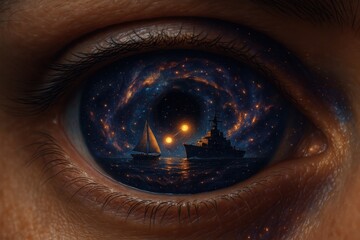 Eye reflects trade between democratic nation and authoritarian country with vessels sailing a starry sky