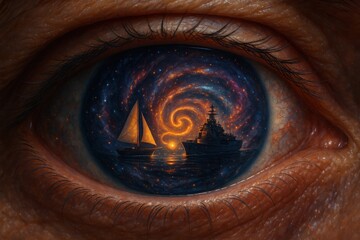 Human eye reflecting a sailboat and battleship sailing toward each other during a stellar twilight