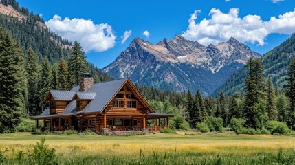 Obraz premium Log cabin nestled in valley, mountains backdrop