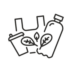 Plastic free icon. Linear vector illustration. Bio bag with bottle. Eco friendly material. Disposable plastic cup. Leaf with bioplastic. Simple symbols.
