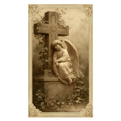 Sepia toned image of a sad angel resting on a cross with ivy and a decorative border around the image isolated white background