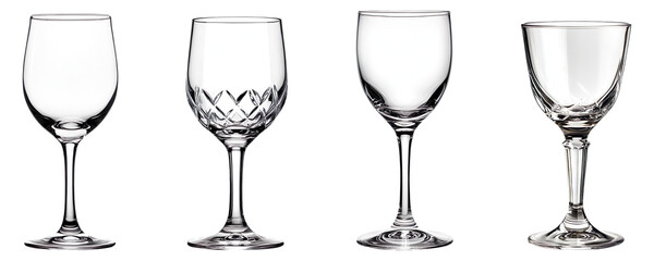 Collection of crystal-clear glass goblets, isolated on a transparent background