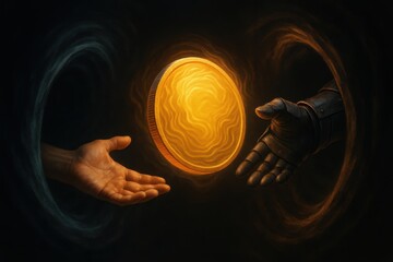 Transferring wealth between nations as a bare hand and a gloved hand exchange a golden coin through mystical portals