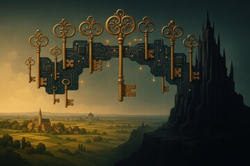 Fantasy landscape with ornate golden keys suspended from a circuit board arch between a village and castle