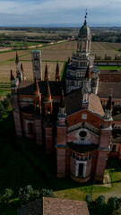 Aerial view of the Certosa di Pavia, built in the late fourteenth century, courts and the cloister of the monastery and shrine in the province of Pavia, Lombardia, Italy