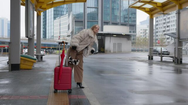 An impatient woman with a red suitcase tries to hail a taxi on a wet city street. She is waiting at a transport hub, feeling frustrated by the delay in her travel plans.