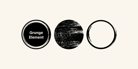 Collection of three black grunge circle elements. Includes distressed round frames, textured banners, and brush stroke stamps for modern design projects.