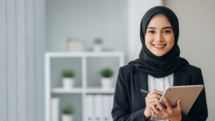 moslem office worker smiling at you