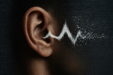 Close up of a human ear with an audio wave overlay depicting voice cloning or manipulation using Deepfake technology