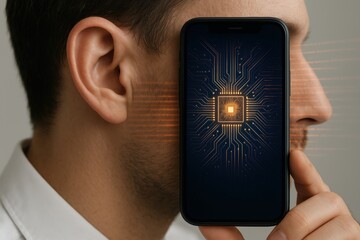 Man holds a smartphone to his face with digital chip graphic, potentially depicting deepfake technology or voice manipulation