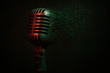 Vintage microphone disintegrating into digital binary code, representing voice Deepfake technology