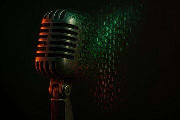 Microphone transforming into digital data represents voice deepfake technology