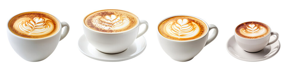 Collection of cups of hot cappuccino coffee, isolated on a transparent background