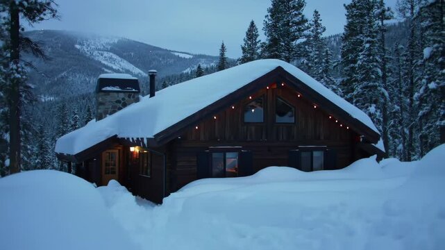 Cozy cabin with glowing string lights buried in deep snow in the winter mountains. Christmas holiday season in a rural setting footage.