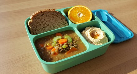 Vegan school lunch with lentil soup, whole grain bread, and orange  